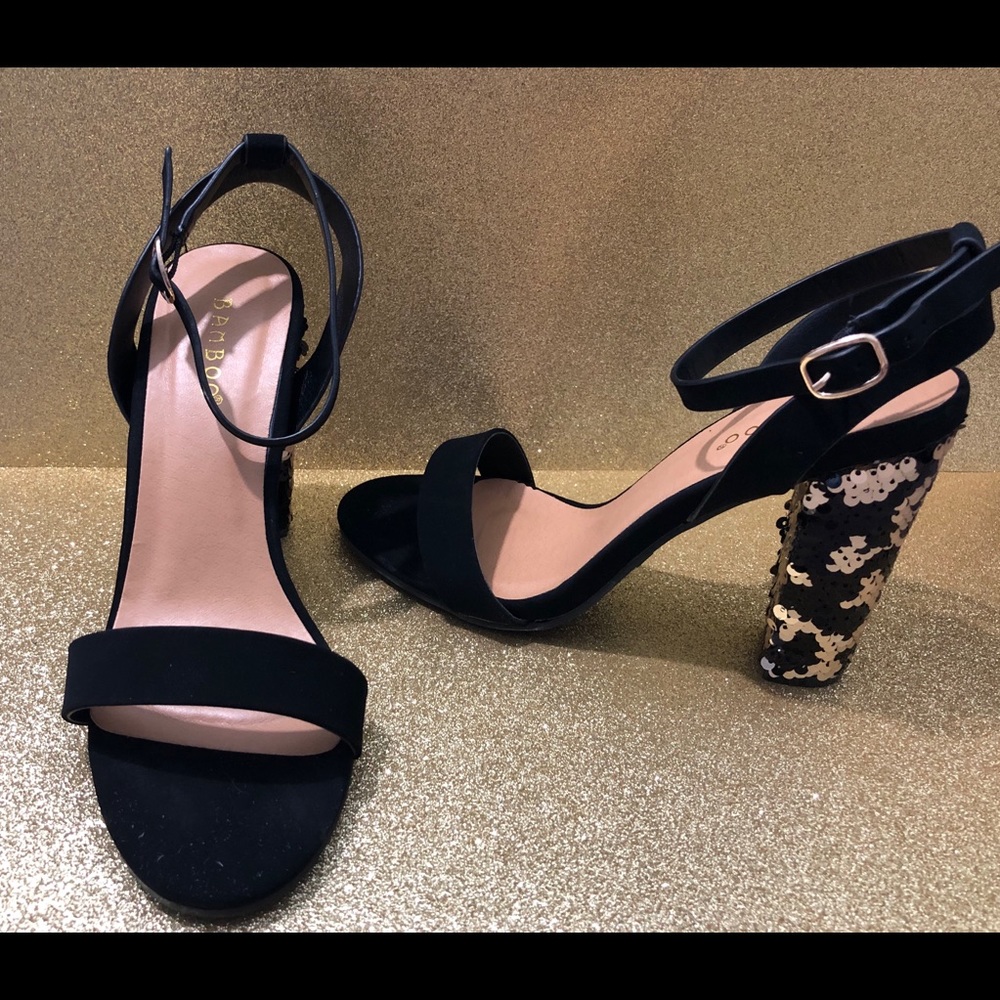 New with box black and gold sequins heels